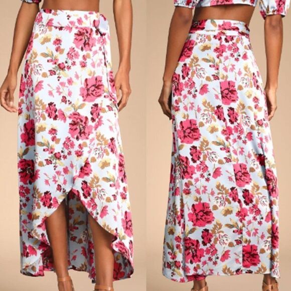 Lulu's Women's Floral Print‎ Wrap High Low Midi Party Skirt Red Blue - Picture 1 of 6